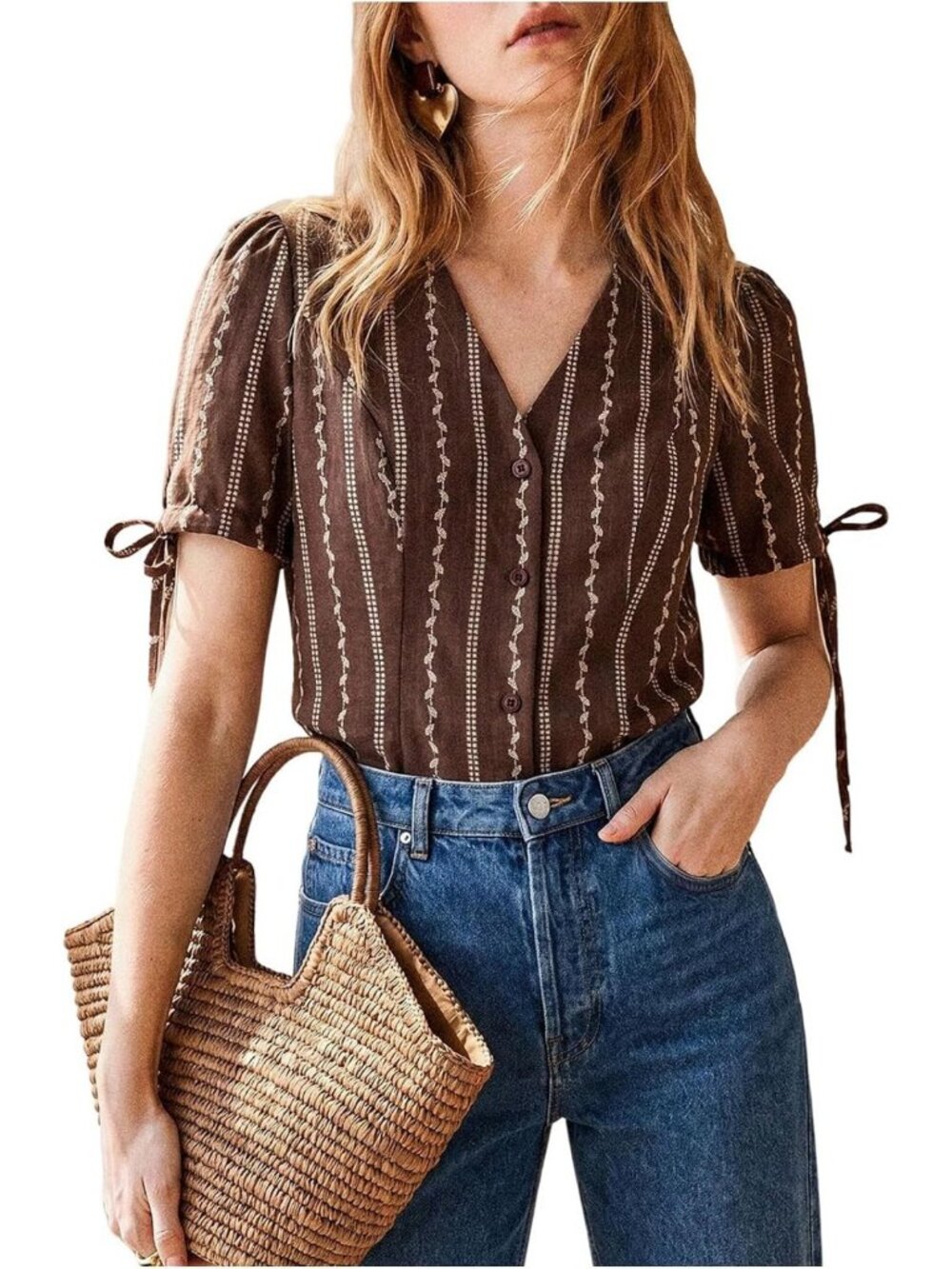 SweatyRocks Women's Vintage Boho Striped Button Down Shirt V Neck Blouses